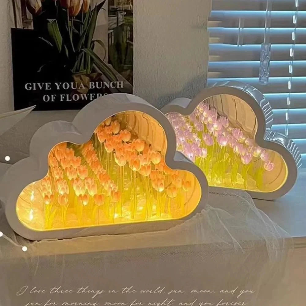 DIY Cloud Mirror Tulip Lamp Night Light Girl Bedroom Ornaments Photo Frame Handmade Glass Bedside Sleep Light Christmas Gifts