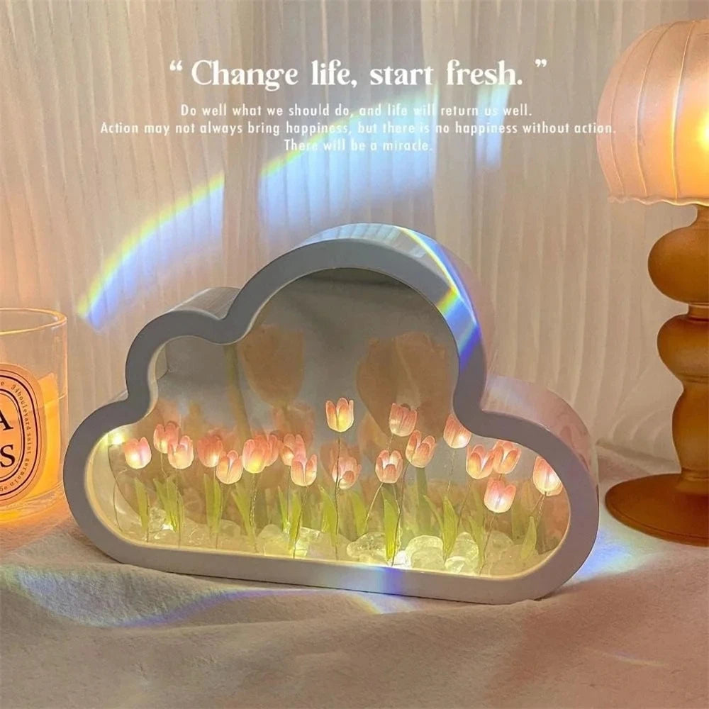 DIY Cloud Mirror Tulip Lamp Night Light Girl Bedroom Ornaments Photo Frame Handmade Glass Bedside Sleep Light Christmas Gifts