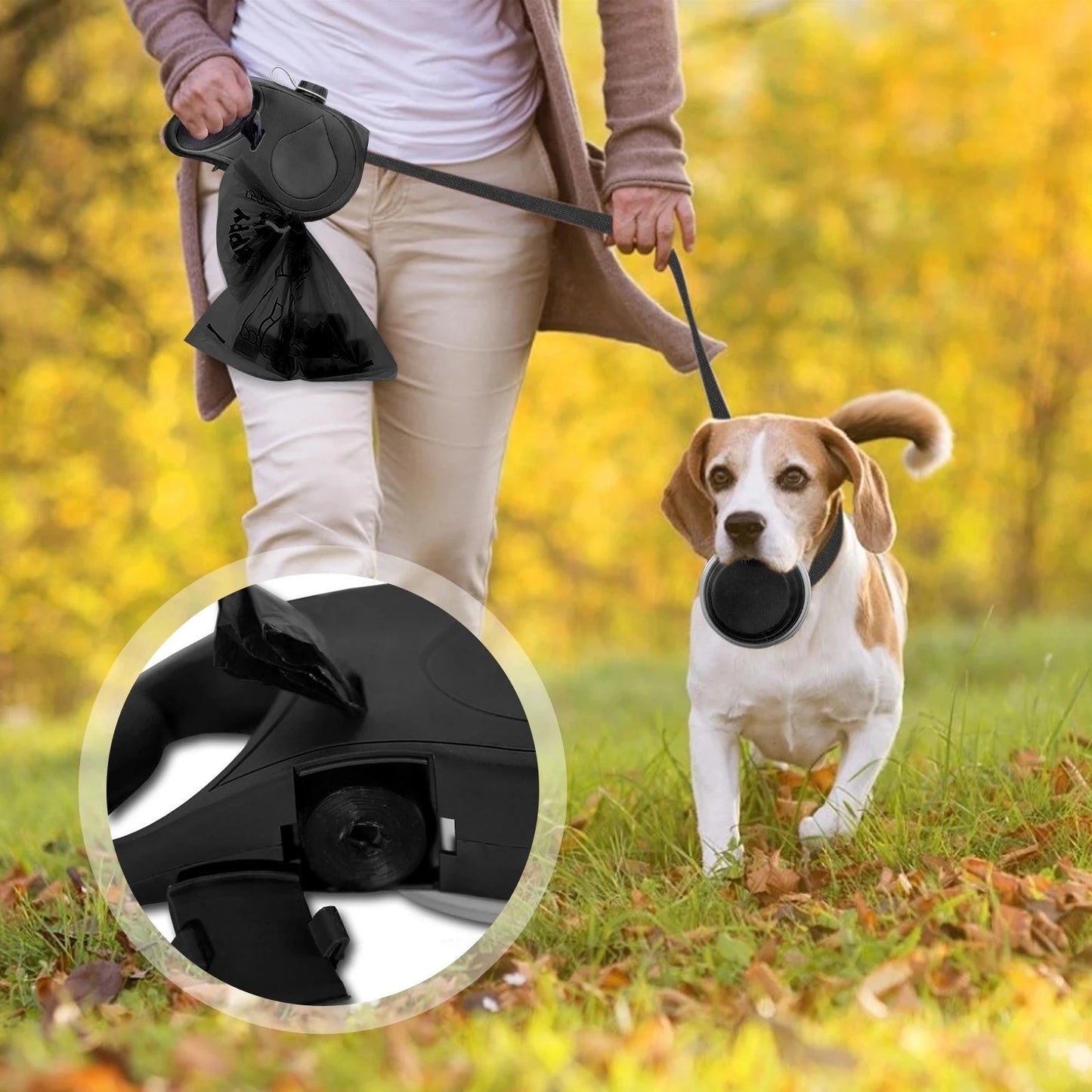 Multifunction Pet Dog Leash with Builtin Water Bottle Bowl Waste Bag Dispenser