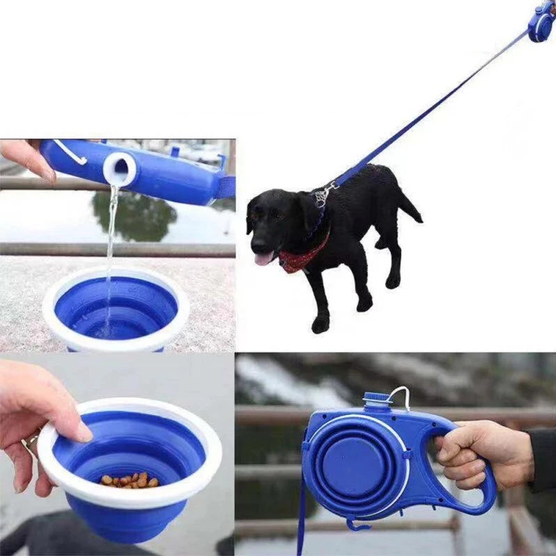 Multifunction Pet Dog Leash with Builtin Water Bottle Bowl Waste Bag Dispenser