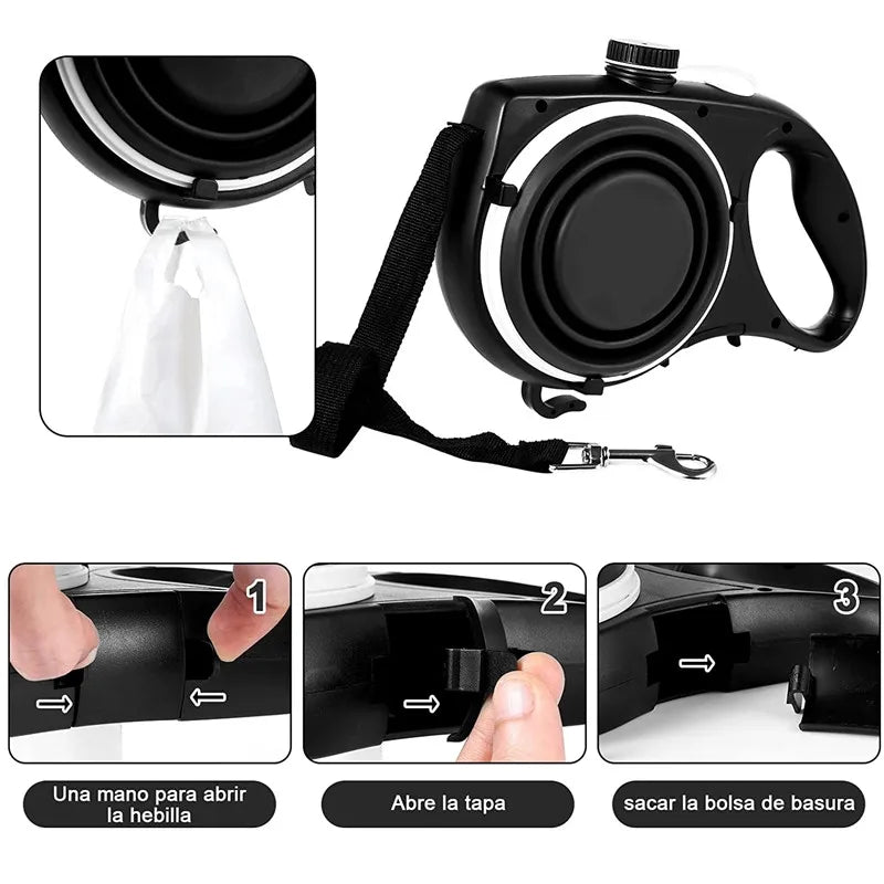 Multifunction Pet Dog Leash with Builtin Water Bottle Bowl Waste Bag Dispenser