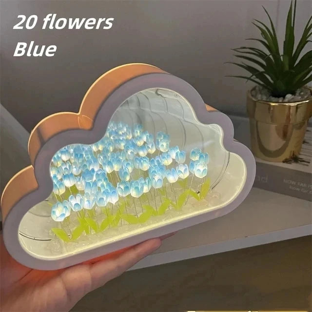 DIY Cloud Mirror Tulip Lamp Night Light Girl Bedroom Ornaments Photo Frame Handmade Glass Bedside Sleep Light Christmas Gifts