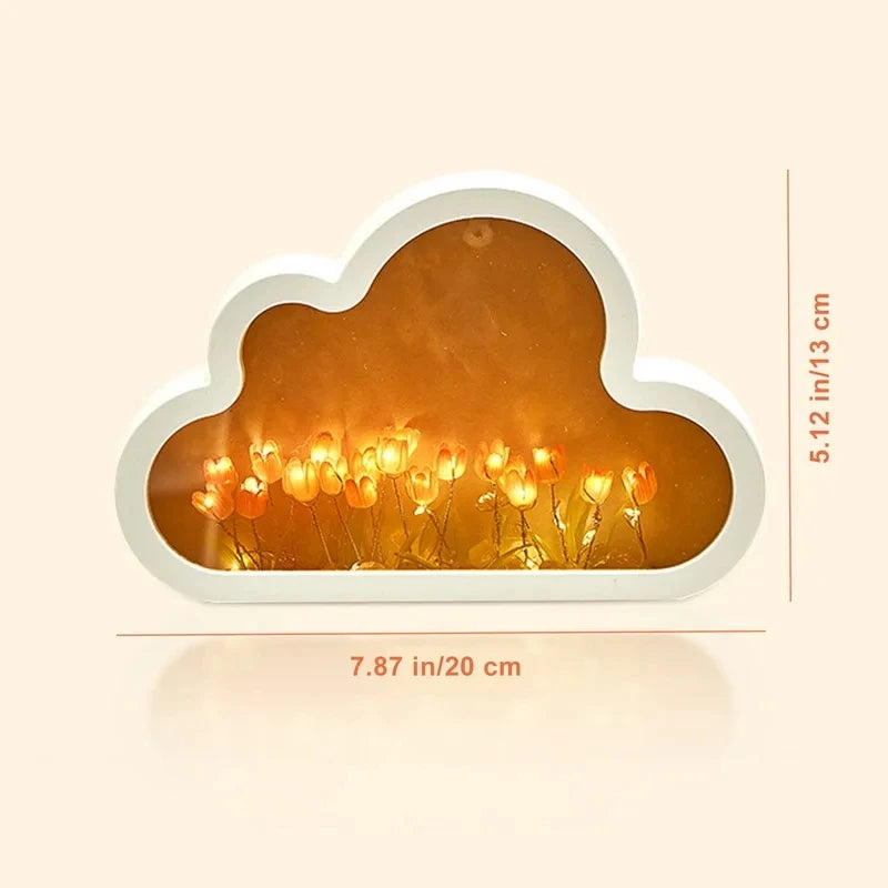 DIY Cloud Mirror Tulip Lamp Night Light Girl Bedroom Ornaments Photo Frame Handmade Glass Bedside Sleep Light Christmas Gifts